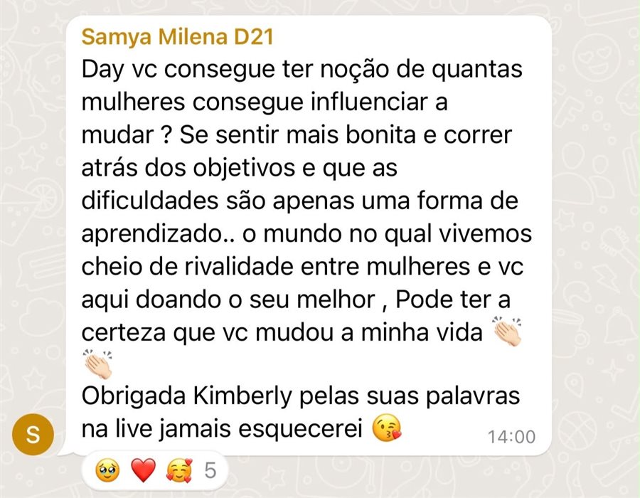 Mensagem de Samya no WhatsApp: 'Pode ter a certeza que você mudou a minha vida'