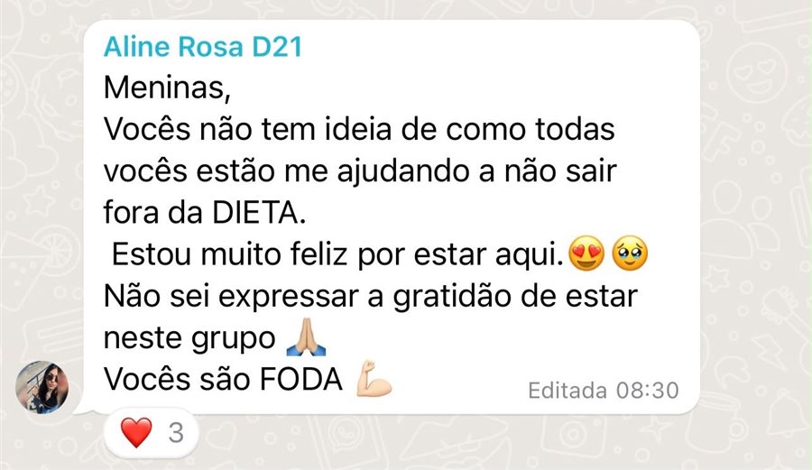 Mensagem de Aline no WhatsApp: 'Não sei expressar a gratidão de estar neste grupo'