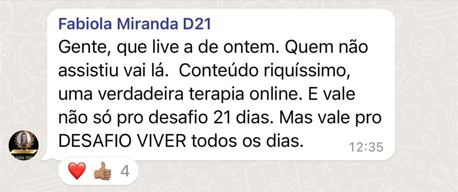 Mensagem de Fabiola no WhatsApp sobre a live: 'conteúdo riquíssimo, uma verdadeira terapia online'