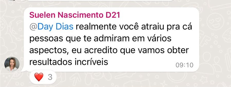 Mensagem de Suelen no WhatsApp: 'você atraiu pra cá pessoas que te admiram… vamos obter resultados incríveis'