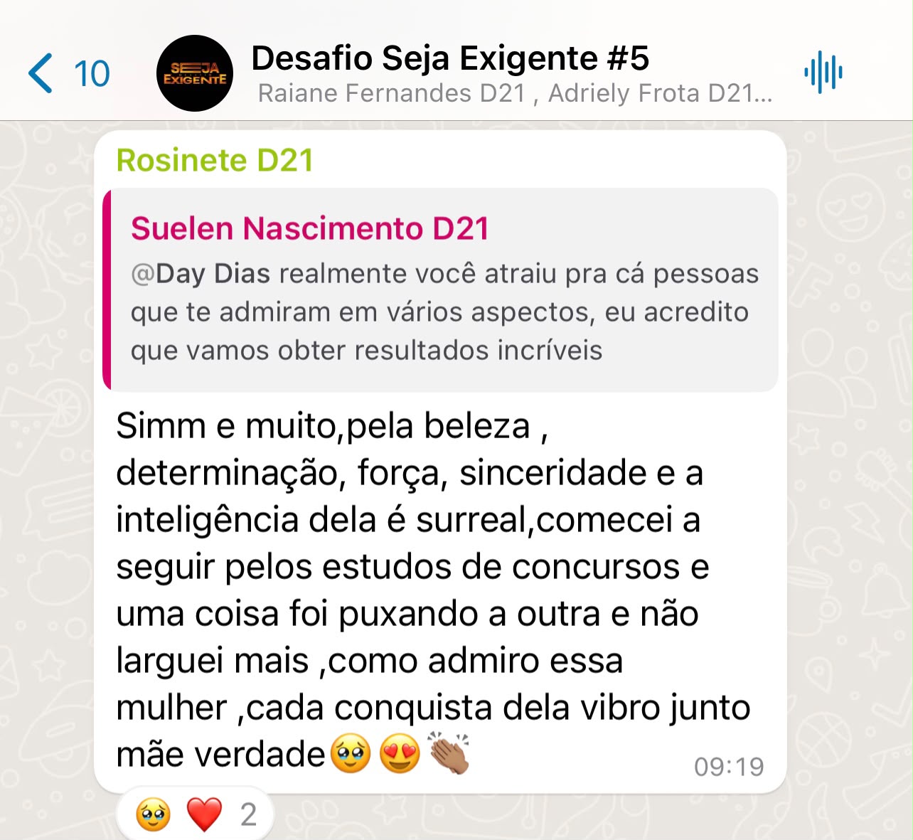 Mensagem de Rosinete no WhatsApp: 'como admiro essa mulher — cada conquista dela eu vibro junto'