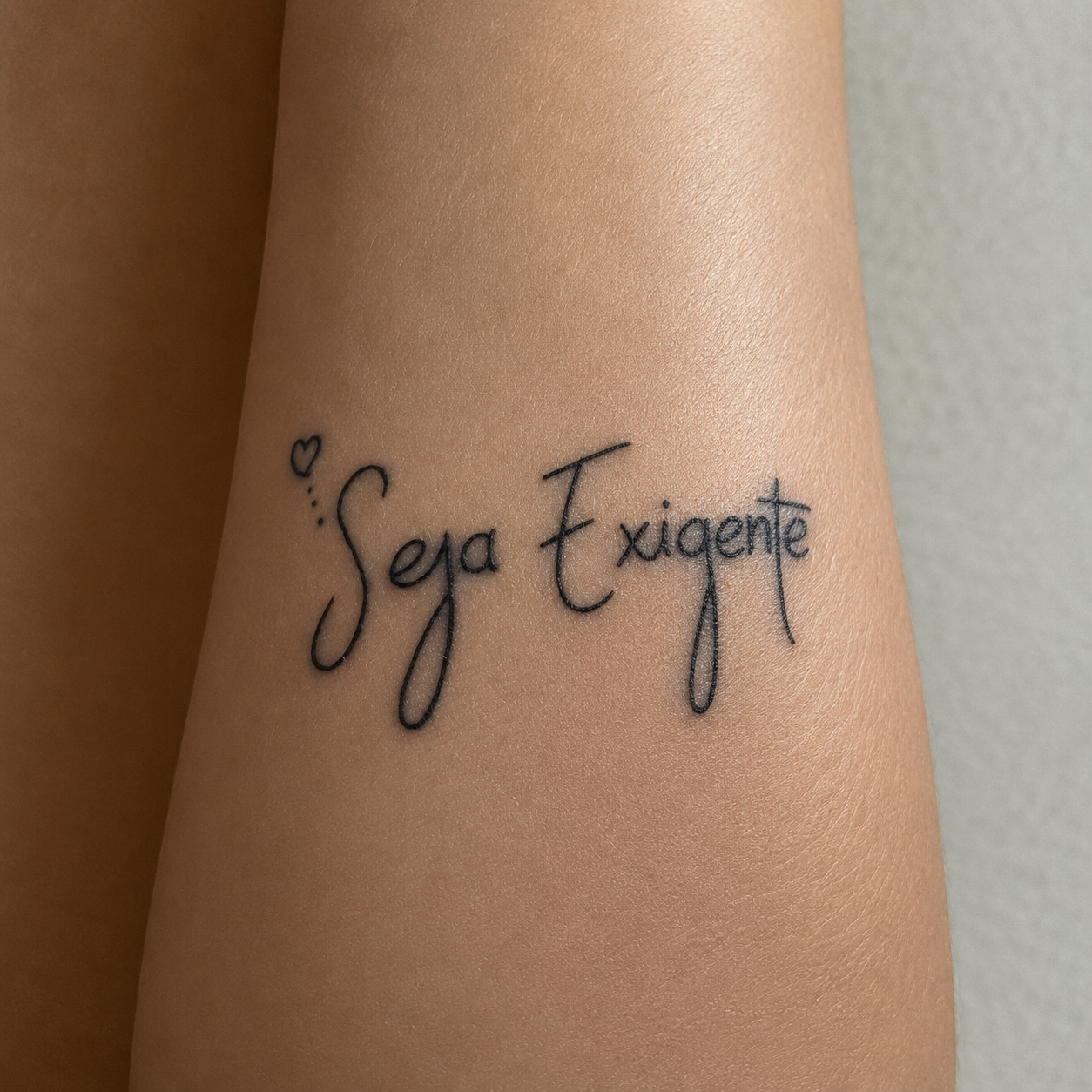 A frase da marca tatuada na perna, em traço delicado